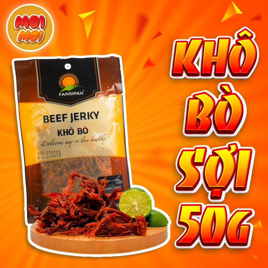 Khô bò sợi chính hãng Fansipan xé mềm cay thơm ngon 50g - Đồ ăn vặt MoiMoi Hà Nội
