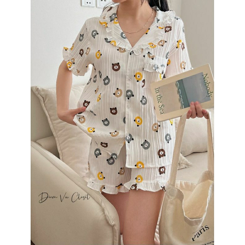 Set pijama đùi chất đũi gân, bộ ngủ nữ mặc nhà hoạ tiết cute <55kg