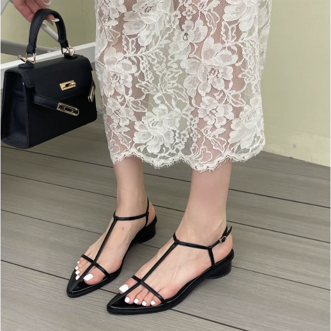 Giày sandals quai mảnh mũi nhọn đa năng phong cách Hàn Quốc, Giày sandal đế vuông 3 phân