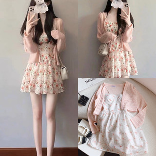 Set đầm doll 2s hoa cup ngực nền trắng có nhún lưng sau kèm khoác hồng hoạ tiết dập li nổi tay dài freesize Pumi 14522