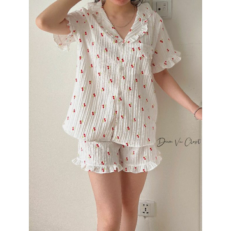 Set pijama đùi chất đũi gân, bộ ngủ nữ mặc nhà hoạ tiết cute <55kg