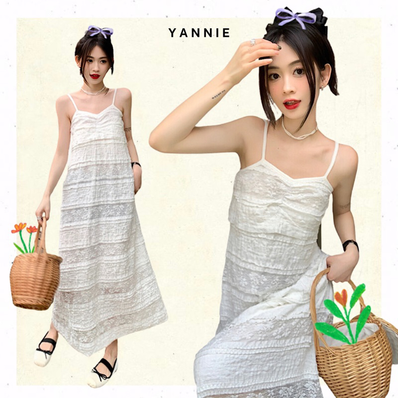 Váy đầm maxi hai dây trắng dáng suông dài phối ren tiểu thư sang chảnh mùa hè đi biển du lịch ulzzang Hàn Quốc Yannie