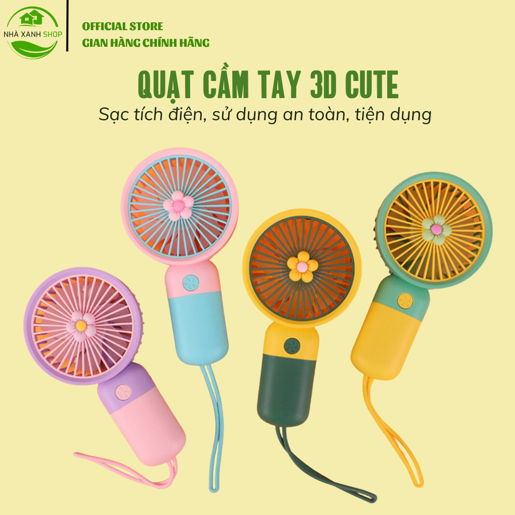 Quạt cầm tay mini sạc pin USB tích điện 3 cấp độ gió dung lượng pin 1200mAh thiết kế hình in 3d đẹp, bảo hành 6 tháng