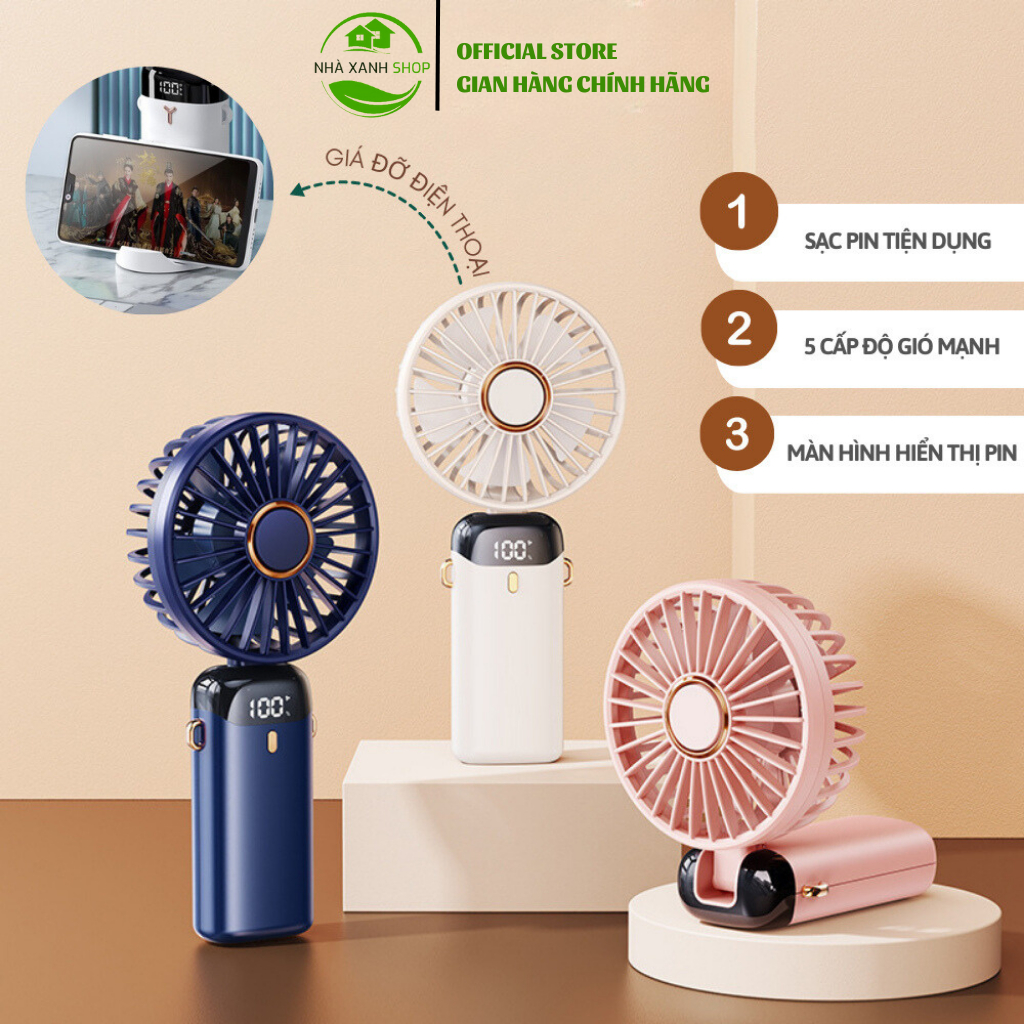 Quạt cầm tay mini gấp gọn 5 cấp độ gió sạc pin tiện dụng, dung lượng pin 6000mAh đèn led hiển thị % pin xoay 90 độ