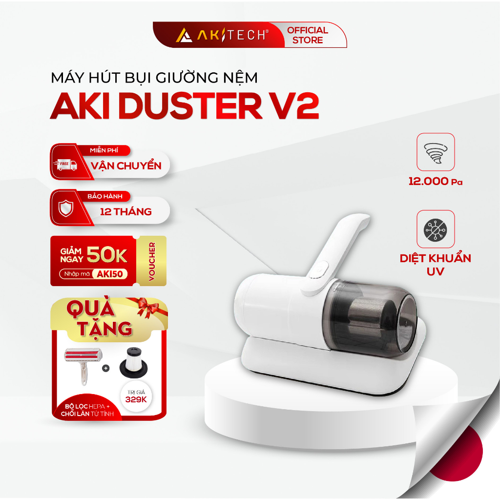 Máy hút bụi giường nệm cầm tay không dây AKI DUSTER V2, diệt khuẩn UV, pin 2500mAh, lực hút 12.000Pa