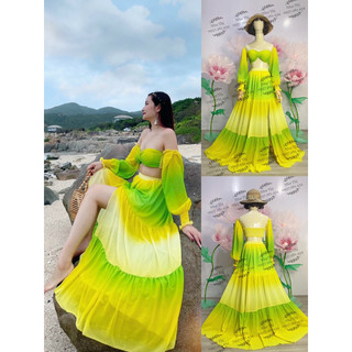 (miễn phí chỉnh váy) sét maxi phối màu loang ombre áo cúp ngực ống tay phồng và chân váy xẻ tà đi biển du lịch sống ảo