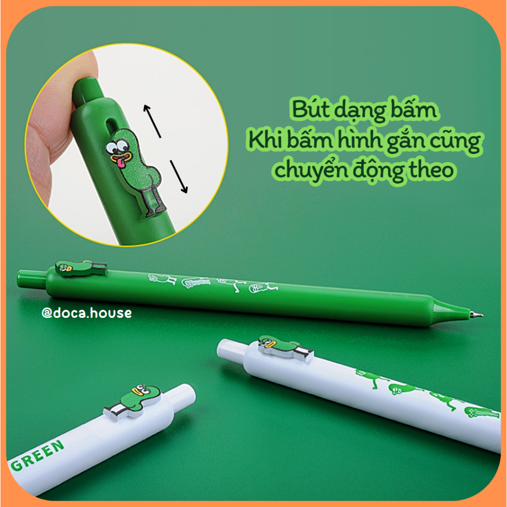 Set 4 Bút Gel Bấm Mực Đen COCO Little Green Sâu Xanh Lắc Mông Ngòi 0.42mm Dễ Thương