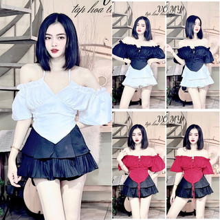 Set áo bẹt vai cột nơ phối chân váy tầng xếp ly