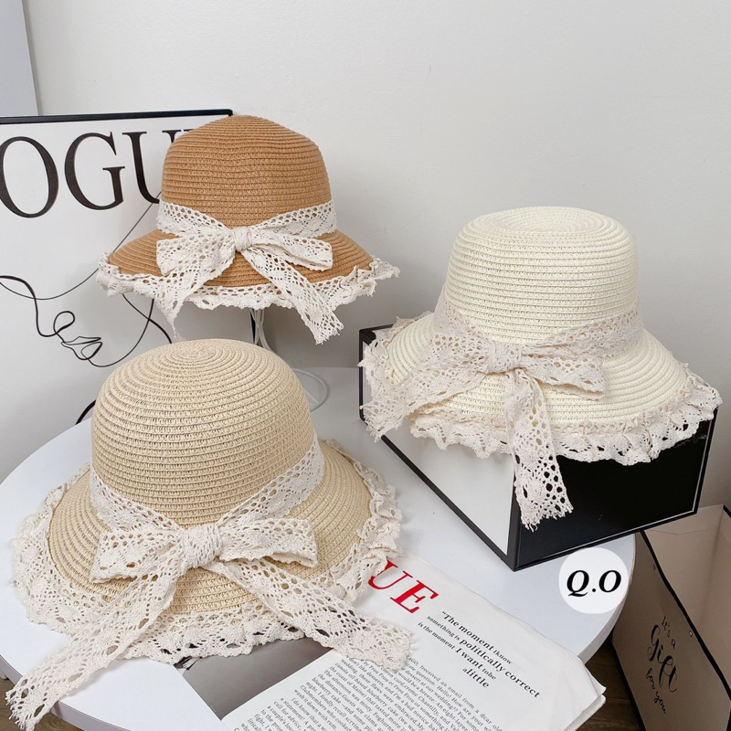 Mũ cói viền ren đi biển phong cách trong trẻo cho bạn gái