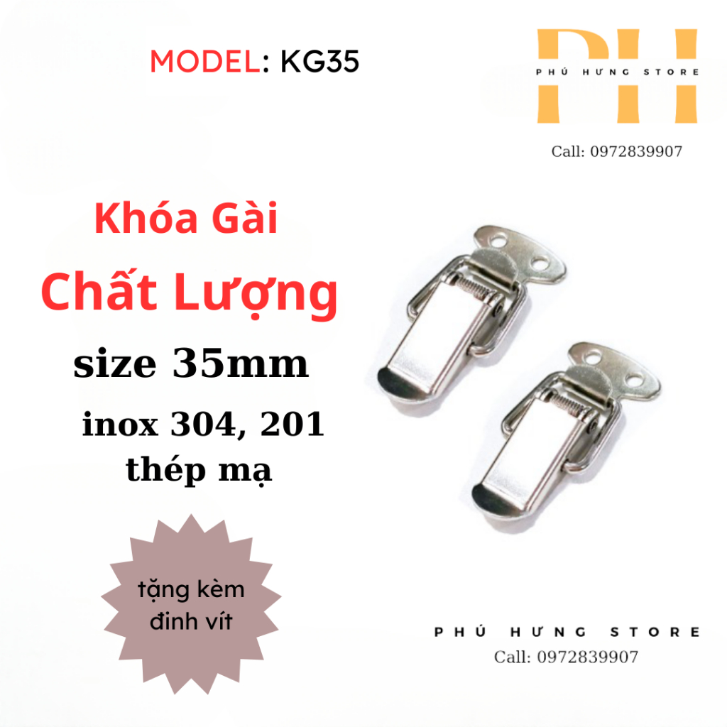khóa gài inox 304 dạng trơn size 35*11mm tặng kèm đinh vít