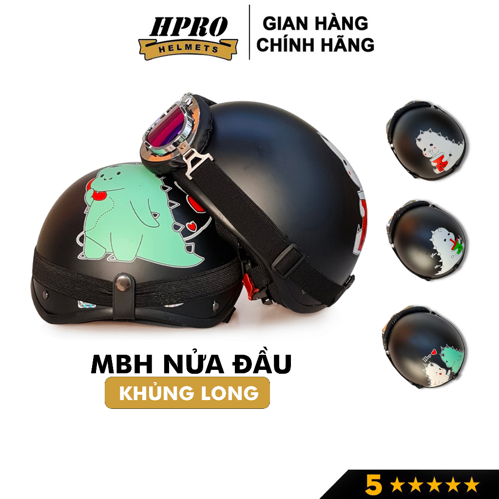 Mũ bảo hiểm xe máy Hpro Helmet thời trang, họa tiết Khủng Long cute, kiểu dáng nửa đầu 1/2 Freesize
