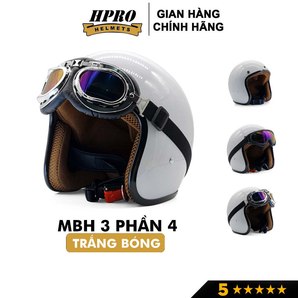 Mũ bảo hiểm 3/4 đầu Sundy Helmets, màu trắng bóng tinh khôi, hiện đại, kèm kính UV, phi công, Freesize (54-58cm)
