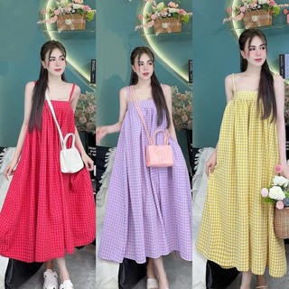 A48 Đầm Babydoll Caro Dáng Maxi 2Dây Tết Bính Màu Đẹp