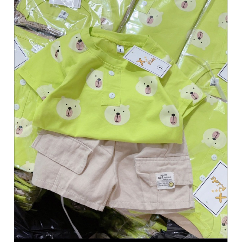 Set áo cotton xanh bơ quần kaki bé trai 8 đến 20kg S0085