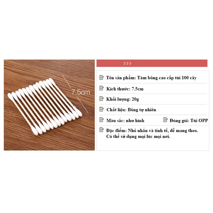 100 c Tăm Bông Ngoáy Tai Túi Thân Gỗ