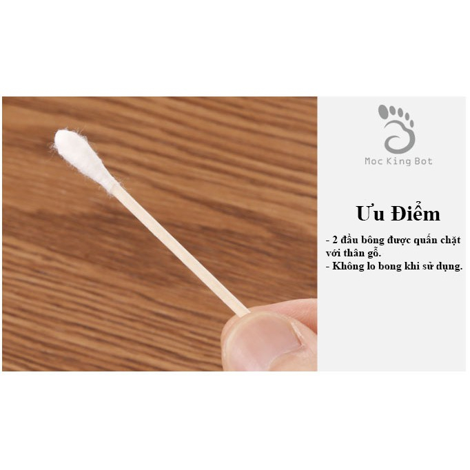 100 c Tăm Bông Ngoáy Tai Túi Thân Gỗ