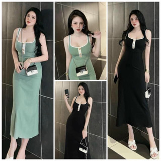 Đầm 2 dây viền màu đính nút dáng dài cực xinh, Đầm nữ 2 dây body dáng dài đính 3 nút M796 - yado