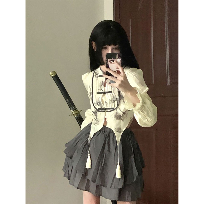 Set đầm kiểu cổ trang áo sơmi cổ cao dáng ngắn tay dài mix chân váy dáng xoè thời trang mùa hè nữ