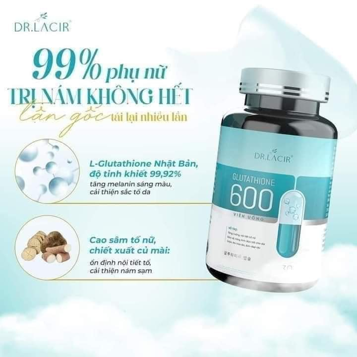 Glutathione 600 Dr Lacir viên uống trắng da chính hãng giảm thâm nám, cân bằng nội tiết tố nữ - hộp 30 viên