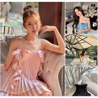 Đầm 2 dây lụa bóng cao cấp xếp ly đính nơ