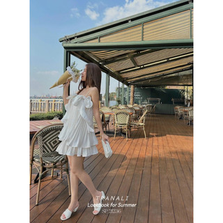 Đầm 2 dây lụa bóng cao cấp xếp ly đính nơ
