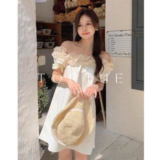 [Sẵn] V190 Đầm váy ngắn bẹt vai phối bèo nhẹ nhàng phong cách Pháp Retro Vintage Taobao mới 2023