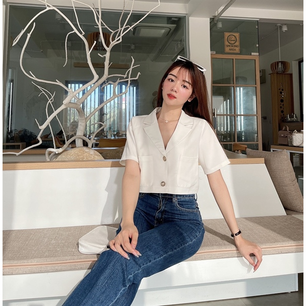 BLAZER Croptop 1 lớp cộc tay trẻ trung chất liệu cotton Hàn mát mẻ