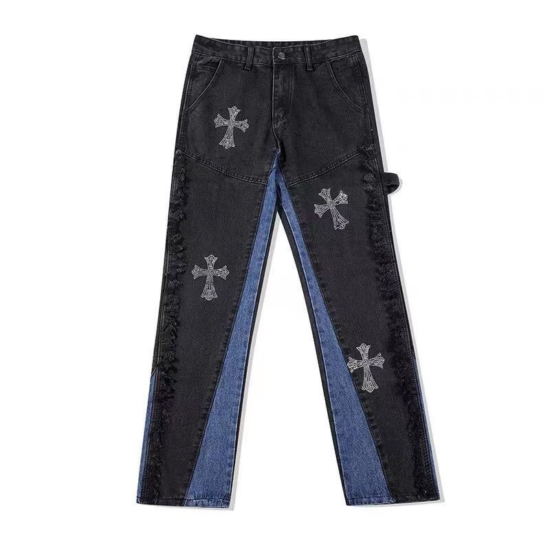 Quần Jeans ống rộng thêu hình thánh giá phối màu xanh đen