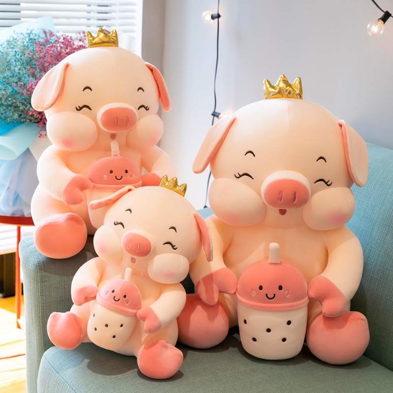 Gấu Bông Thú Nhồi Bông Heo Bông Chó Akita Ôm Trà Sữa Siêu Cute Size 25cm và 35cm