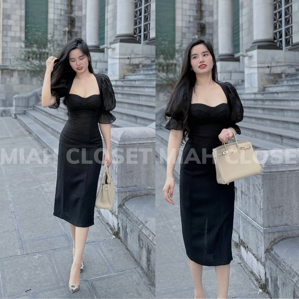 Đầm dự tiệc bigsize sang trọng, váy cúp ngực đi tiệc, đầm body tay phồng màu đen vải thun co giãn