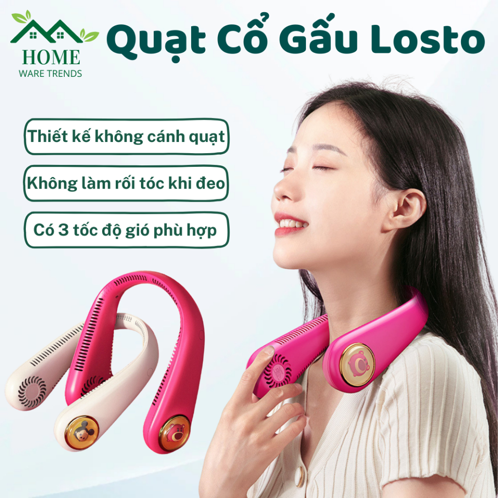 Quạt đeo cổ siêu mát không cánh Gấu Dâu Losto, quạt treo cổ mini sạc pin tích điện 3 cấp độ gió êm ái không ồn