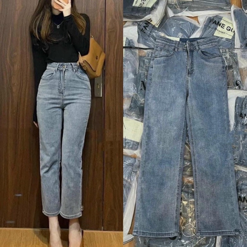 Quần jeans nữ ống đứng màu xanh bạc chất siêu co giãn dành cho mùa hè