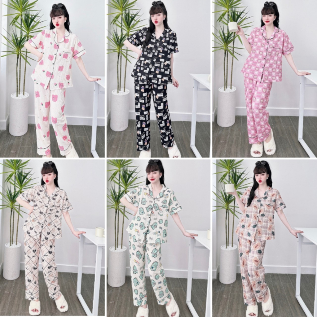 Đồ Bộ-Đồ Ngủ Pijama Tay Ngắn Quần Dài Đũi Xốp - Lụa Xước Ánh Kim Lá Bài Cao Cấp
