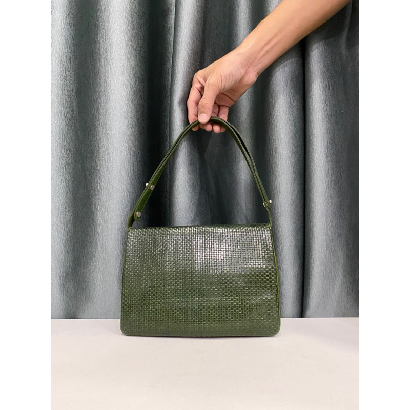 Túi si nhập Nhật xanh vintage da bò đan thật 100%
