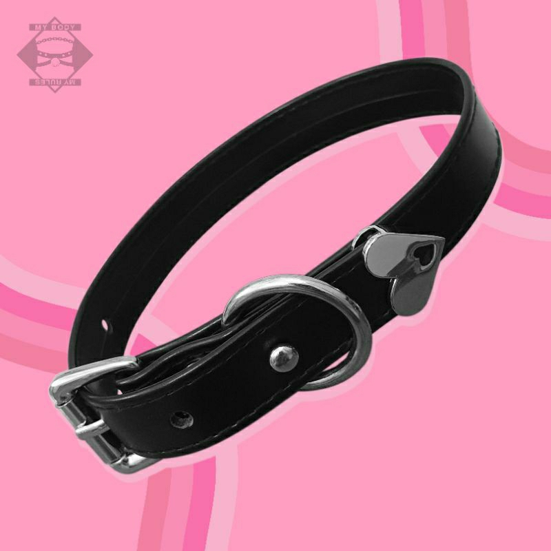 Vòng cổ Choker da PU màu đen khóa kim kết hợp với núm chốt nấm có đuôi trái tim