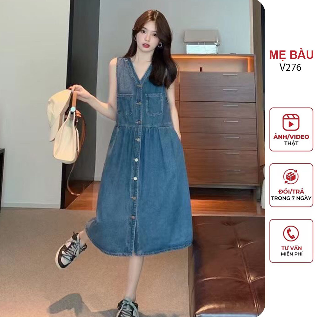 ĐẦM VÁY BẦU BÒ SÁT NÁCH DÁNG DÀI HÀNG QUẢNG CHÂU CHẤT MỀM ĐẸP - YẾM JEANS DENIM TÚI NGỰC CỰC XINH FREESIZE