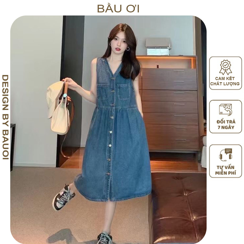 ĐẦM VÁY BẦU JEANS SÁT NÁCH MÙA HÈ DÁNG DÀI HÀNG QUẢNG CHÂU CHẤT MỀM ĐẸP - YẾM BẦU BÒ SIÊU XINH FREESIZE