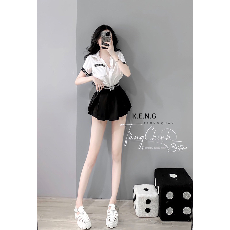 Đồ bộ set nữ áo sơ mi chân váy phối viền hoạ tiết đi chơi