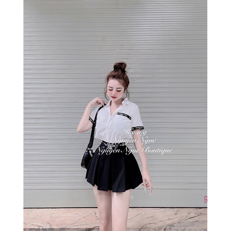 Đồ bộ set nữ áo sơ mi chân váy phối viền hoạ tiết đi chơi