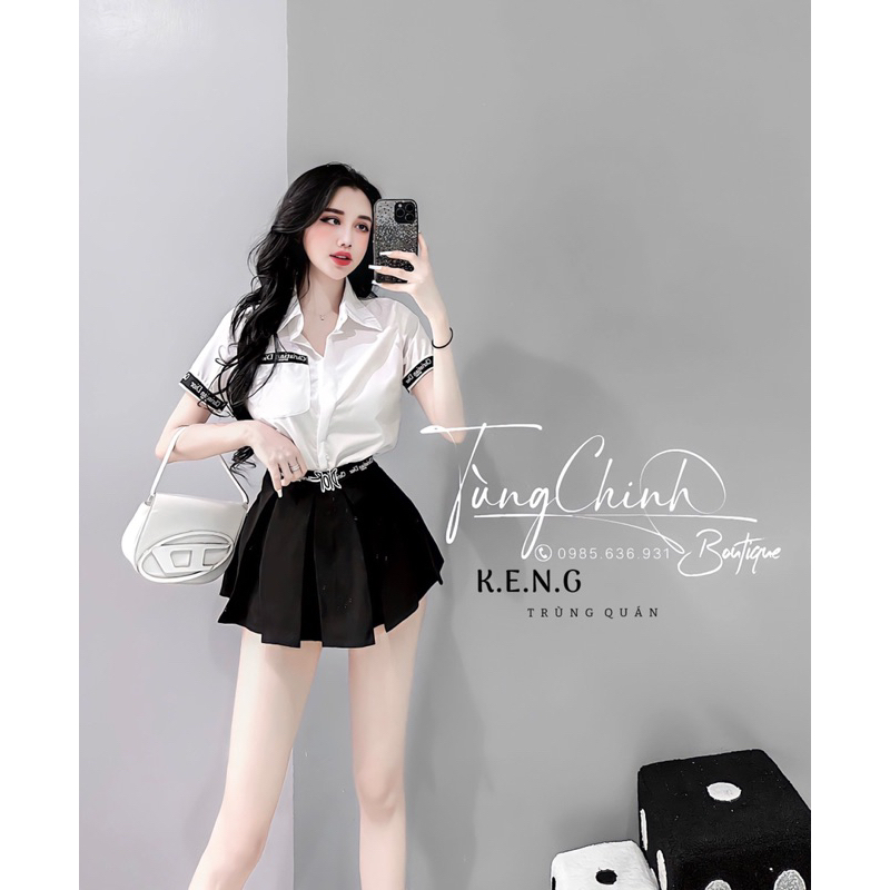 Đồ bộ set nữ áo sơ mi chân váy phối viền hoạ tiết đi chơi