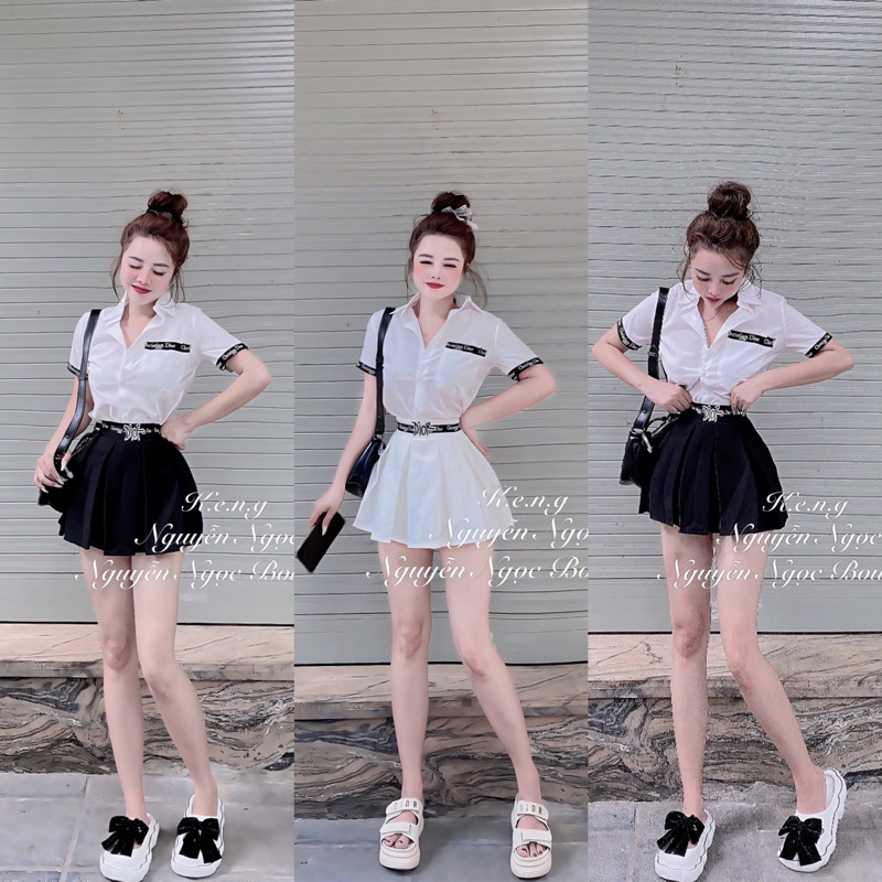 Đồ bộ set nữ áo sơ mi chân váy phối viền hoạ tiết đi chơi
