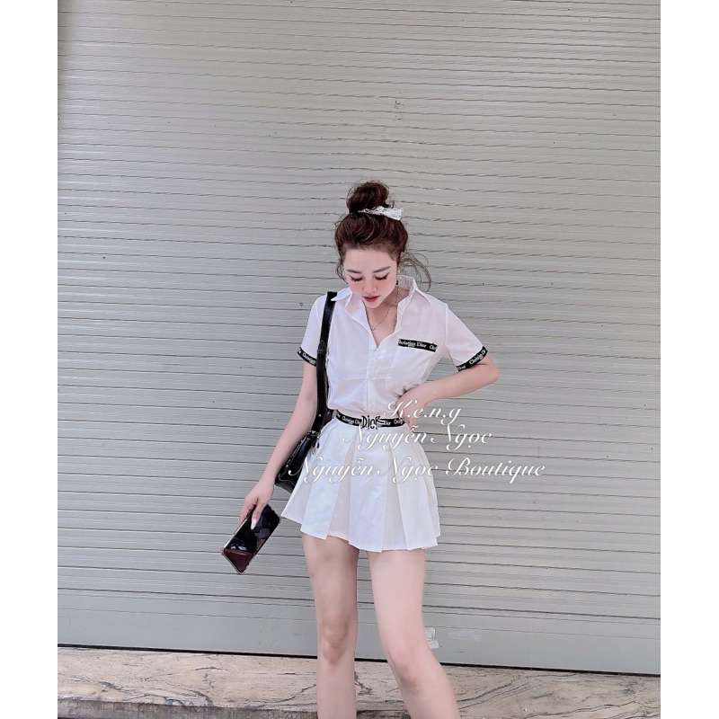 Đồ bộ set nữ áo sơ mi chân váy phối viền hoạ tiết đi chơi