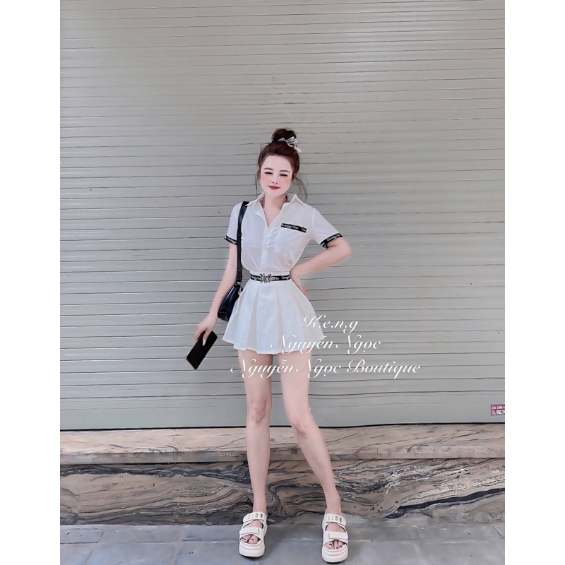 Đồ bộ set nữ áo sơ mi chân váy phối viền hoạ tiết đi chơi