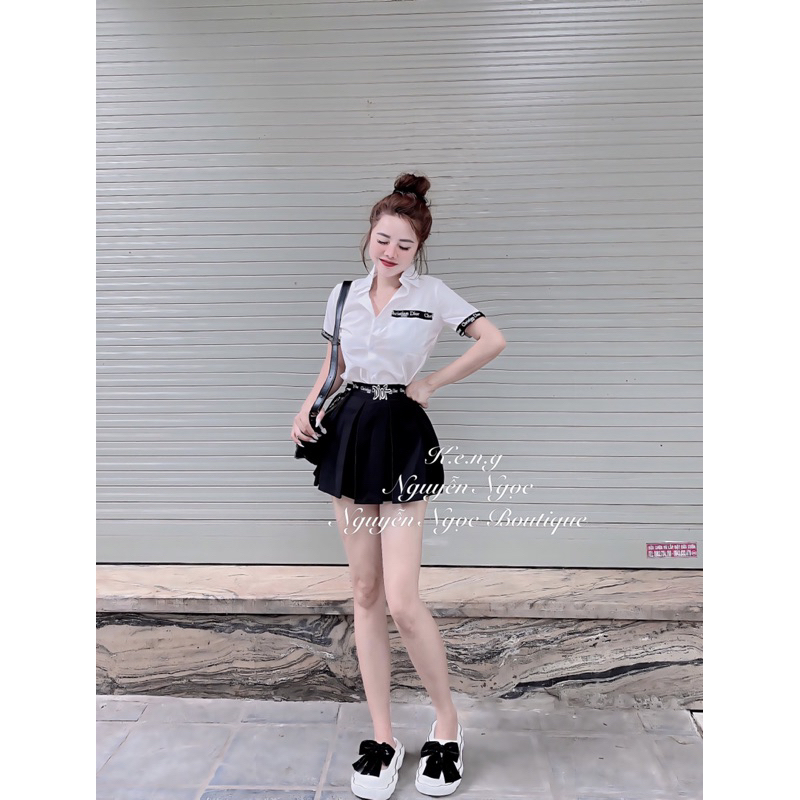 Đồ bộ set nữ áo sơ mi chân váy phối viền hoạ tiết đi chơi