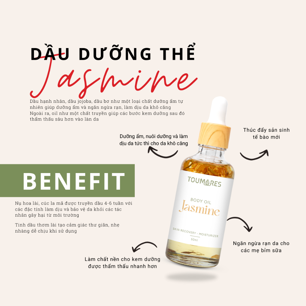 Dầu dưỡng body cấp ẩm Toumores cho da ẩm mượt không nhờn rít, thấm nhanh, hương hoa lài nhẹ nhàng thư giãn