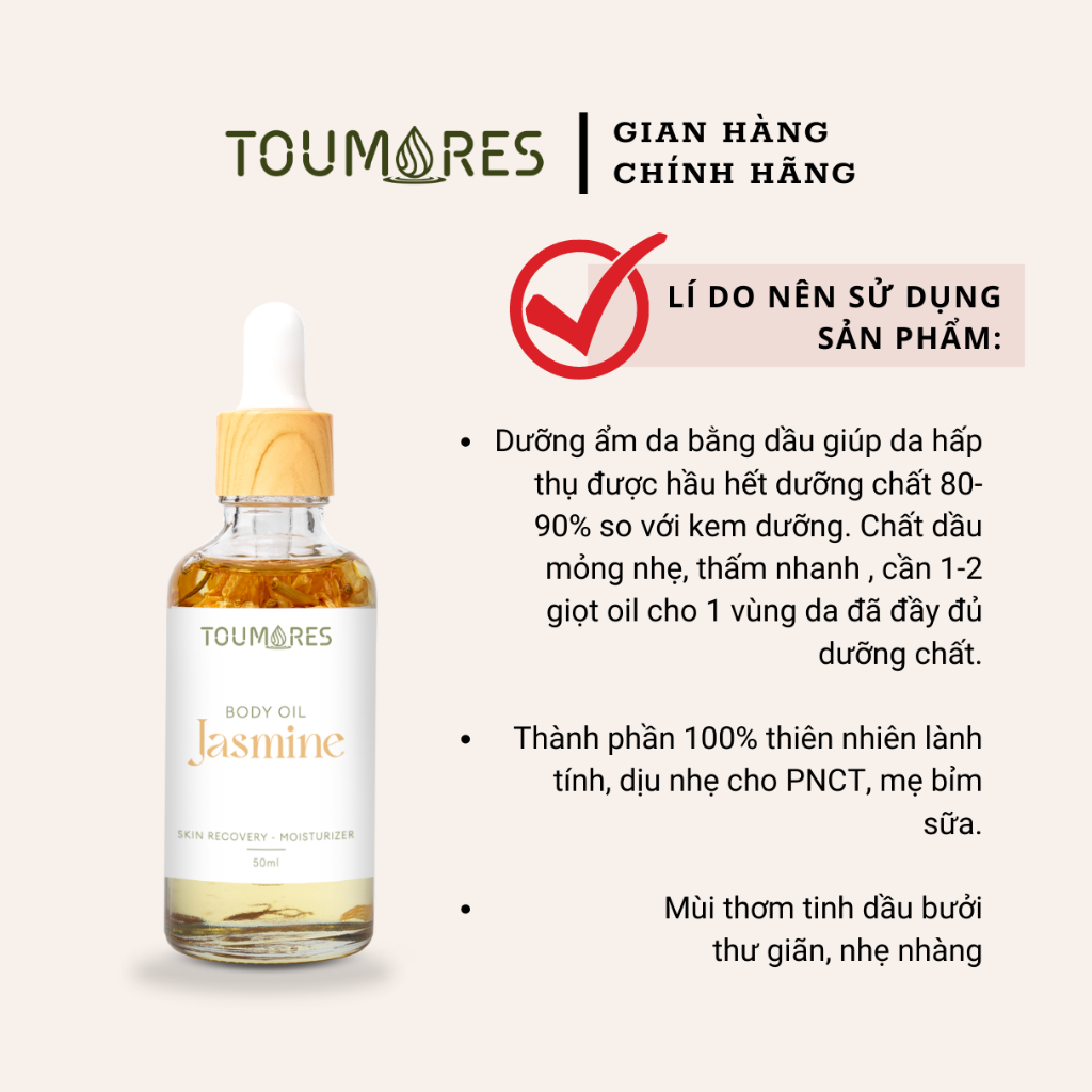 Dầu dưỡng body cấp ẩm Toumores cho da ẩm mượt không nhờn rít, thấm nhanh, hương hoa lài nhẹ nhàng thư giãn