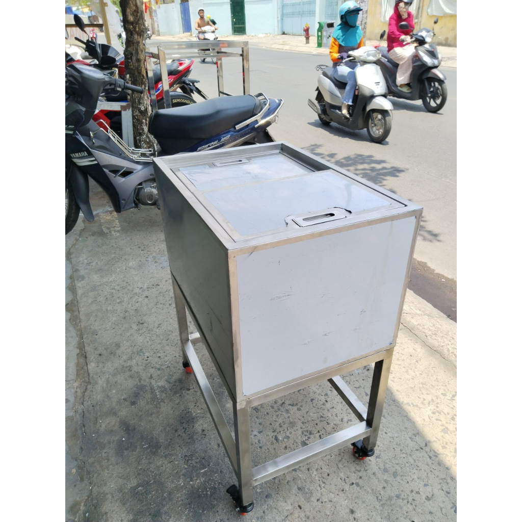 Thùng đá inox có chân/ bánh xe kèm khay + 4 khay topping bán trà sữa hot 2023