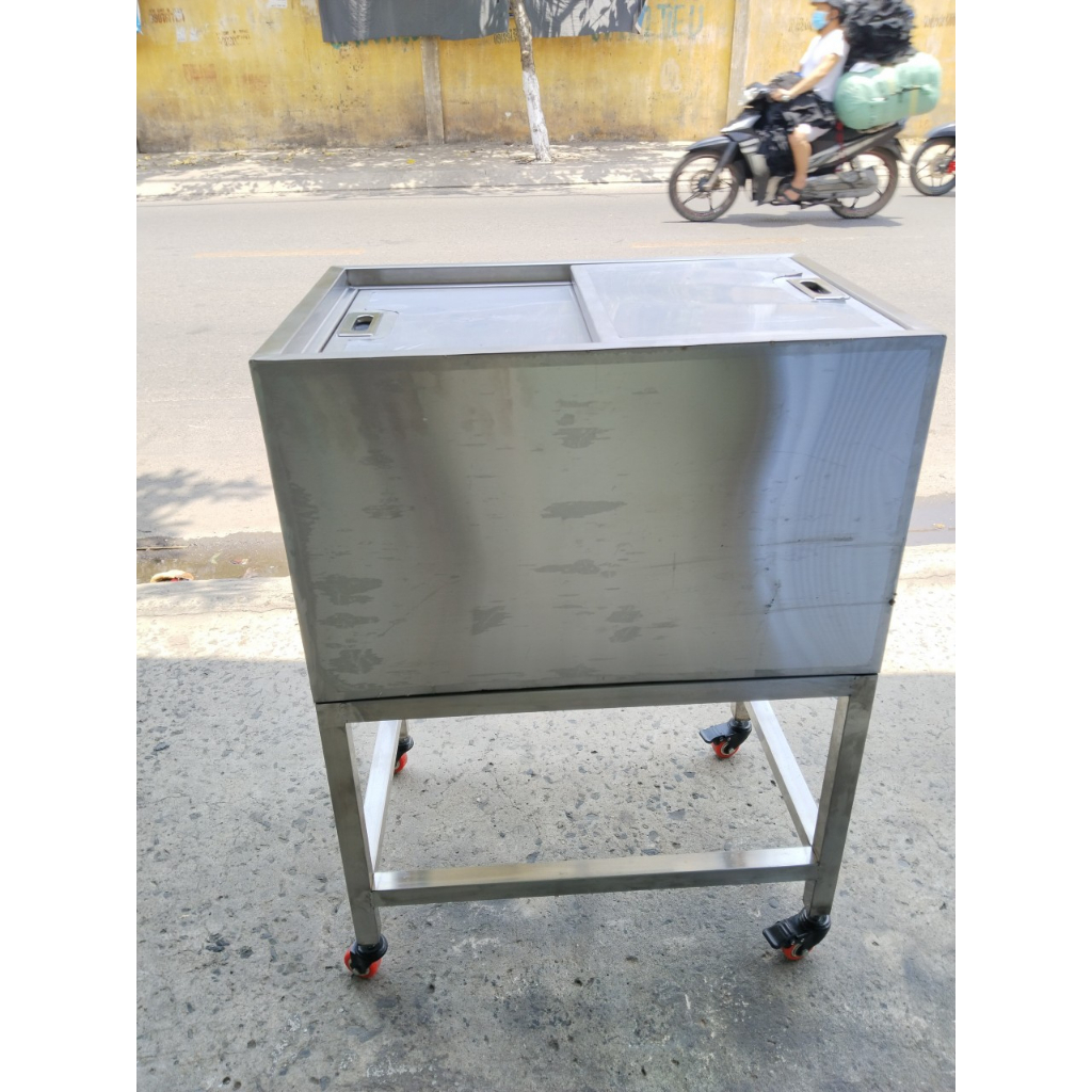 Thùng đá inox có chân/ bánh xe kèm khay + 4 khay topping bán trà sữa hot 2023