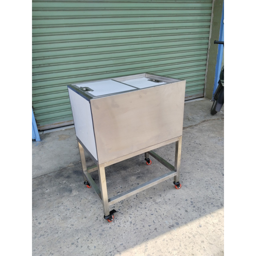 Thùng đá inox có chân/ bánh xe kèm khay + 4 khay topping bán trà sữa hot 2023