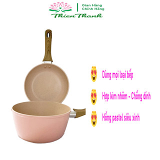 Bộ Nồi Chảo Cho Bé Ăn Dặm Cao Cấp, Chống DÍnh Hồng Vân Đá Hoa Cương 16cm Đáy Từ Tiện Dụng